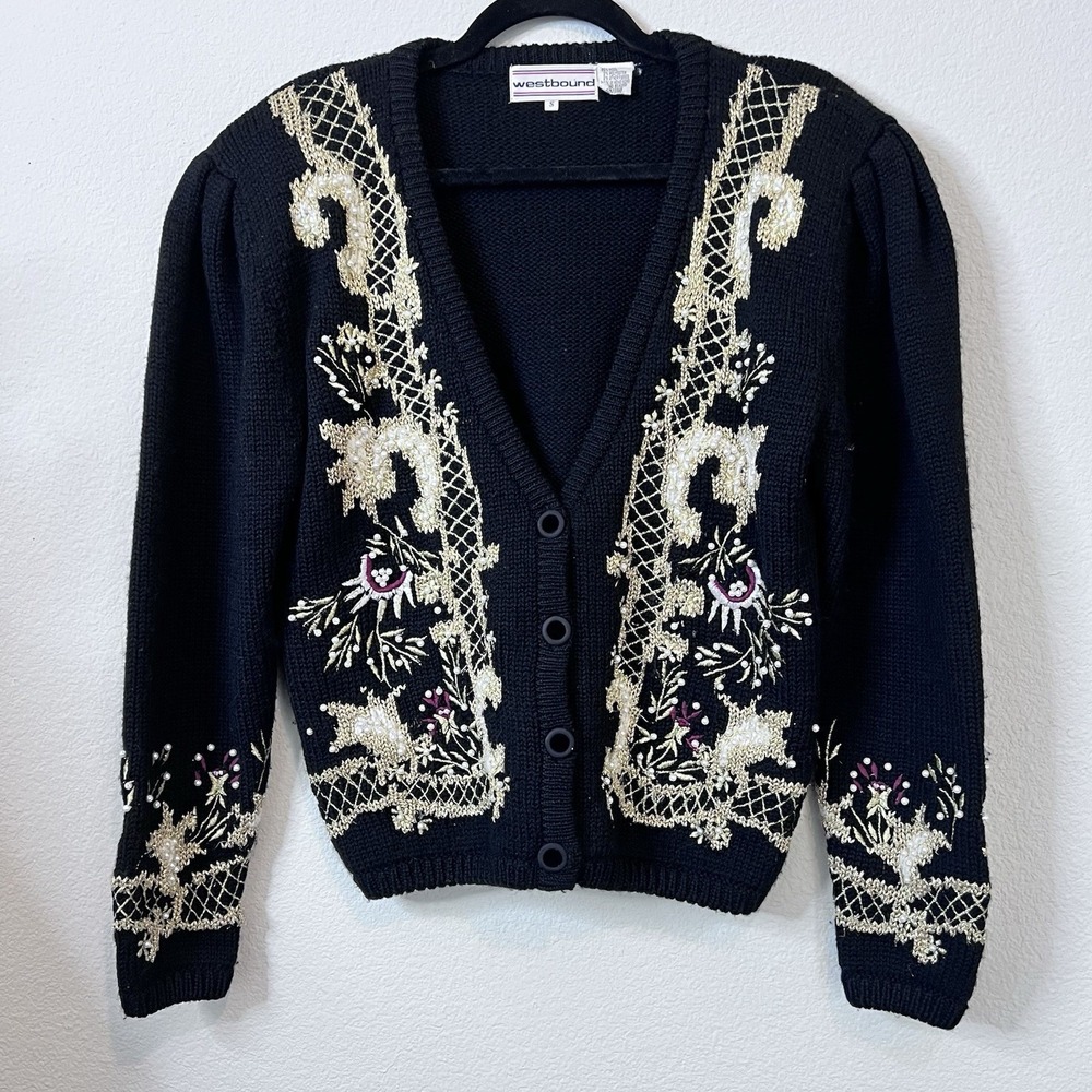 Vintage Westbound CHRISTMAS Sweater Sm Cardigan  Metallic Gold Beaded Bling Wool